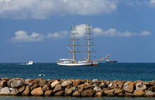 A Two Masted Sailboat Moored In A Calm Caribbean Harbor, Martinique Island.