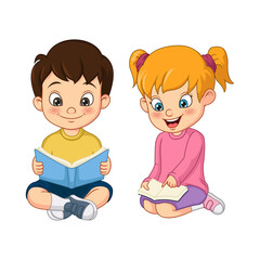 Wall Mural - Cute little boy and girl students reading a book together