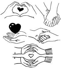 Doodles collection of hands of loving couples. Hand drawn vector illustrations. Romantic hand gestures sketch elements isolated on white. Contour drawings for st Valentine holiday design, prints, card