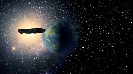 Wall Mural - interstellar asteroid oumuamua passing by planet earth.. 3d oumuamua model: credit: eso/m. kornmesse