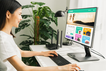 woman using application booking flight travel search ticket holiday and hotel on website discounted 