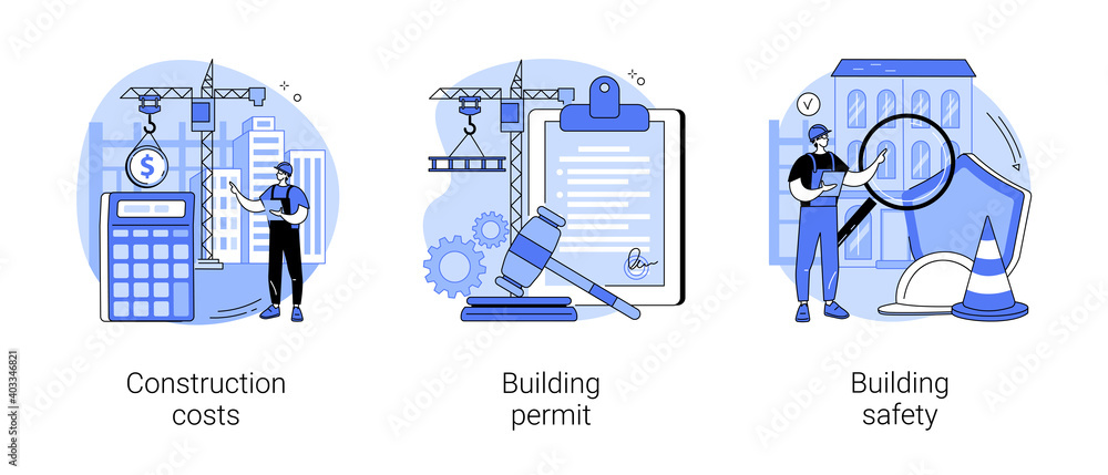 Construction business abstract concept vector illustration set. Construction costs, building permit and safety, protection helmet, contractor engineering, design project, investment abstract metaphor. - obrazy, fototapety, plakaty 