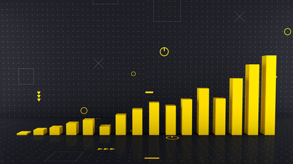 Yellow rising business chart diagram on black technical background, 3d illustration