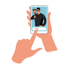 Conceptual illustration of online fraud, cybercrime, data hacking. Fraudster on the phone screen, hands are holding the phone. Flat vector illustration.