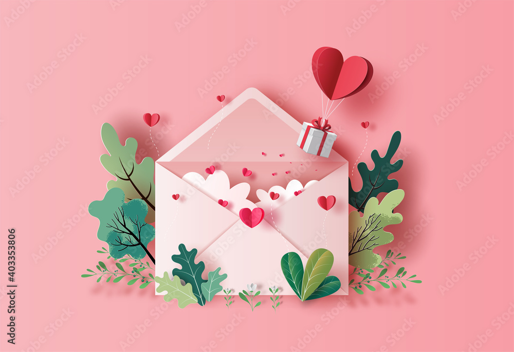 Gift box with heart balloon floating with a love letter in paper illustration, 3d paper. - obrazy, fototapety, plakaty 