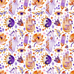Wall Mural - seamless pattern with elements of esoteric on the light background. watercolor illustration.