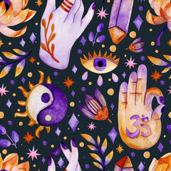 Wall Mural - seamless pattern with elements of esoteric on the dark background. watercolor illustration.