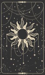 tarot card with sun, jewelry and stars. magic card, bohemian design, tattoo, engraving, cover for th