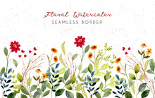 Beautiful Flower Meadow Watercolor Seamless Border