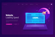 © klyaksun - Website loading speed banner. Online test of download performance of web page. Vector landing page of internet connection optimization with illustration of laptop and speedometer on purple background