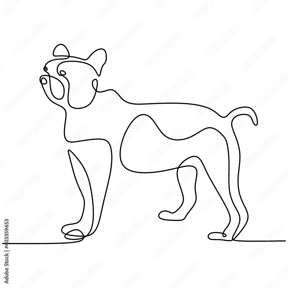 Hound dog one continuous line drawing on white background. Funny doggy is standing pose. The concept of wildlife, pets, veterinary. Hand drawn minimalism style vector illustration. Friendly pet icon - obrazy, fototapety, plakaty 
