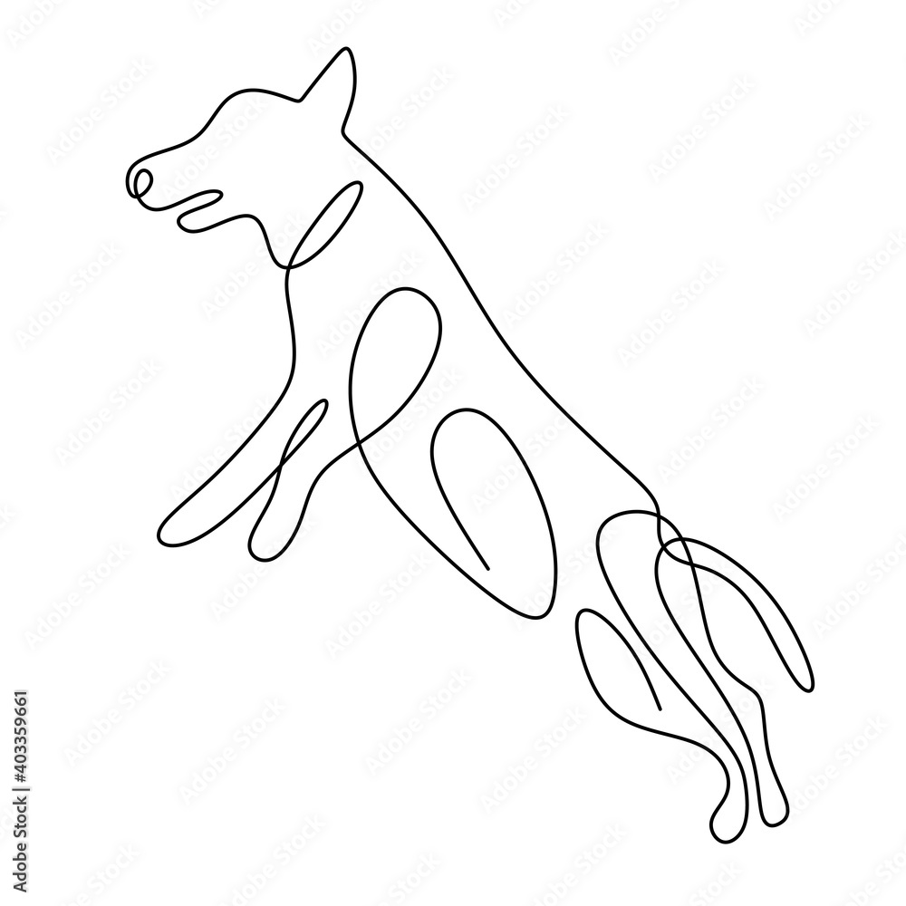 Hound dog one continuous line drawing on white background. Funny doggy is standing pose. The concept of wildlife, pets, veterinary. Hand drawn minimalism style vector illustration. Friendly pet icon - obrazy, fototapety, plakaty 
