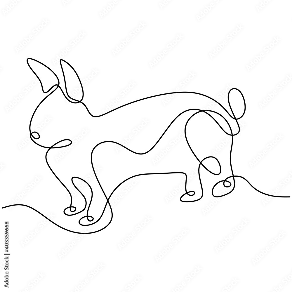 Hare continuous one line drawing. Easter bunny rabbit jumping in the garden isolated on white background. Cute pet animals concept. Vector minimalistic hand drawn illustration - obrazy, fototapety, plakaty 