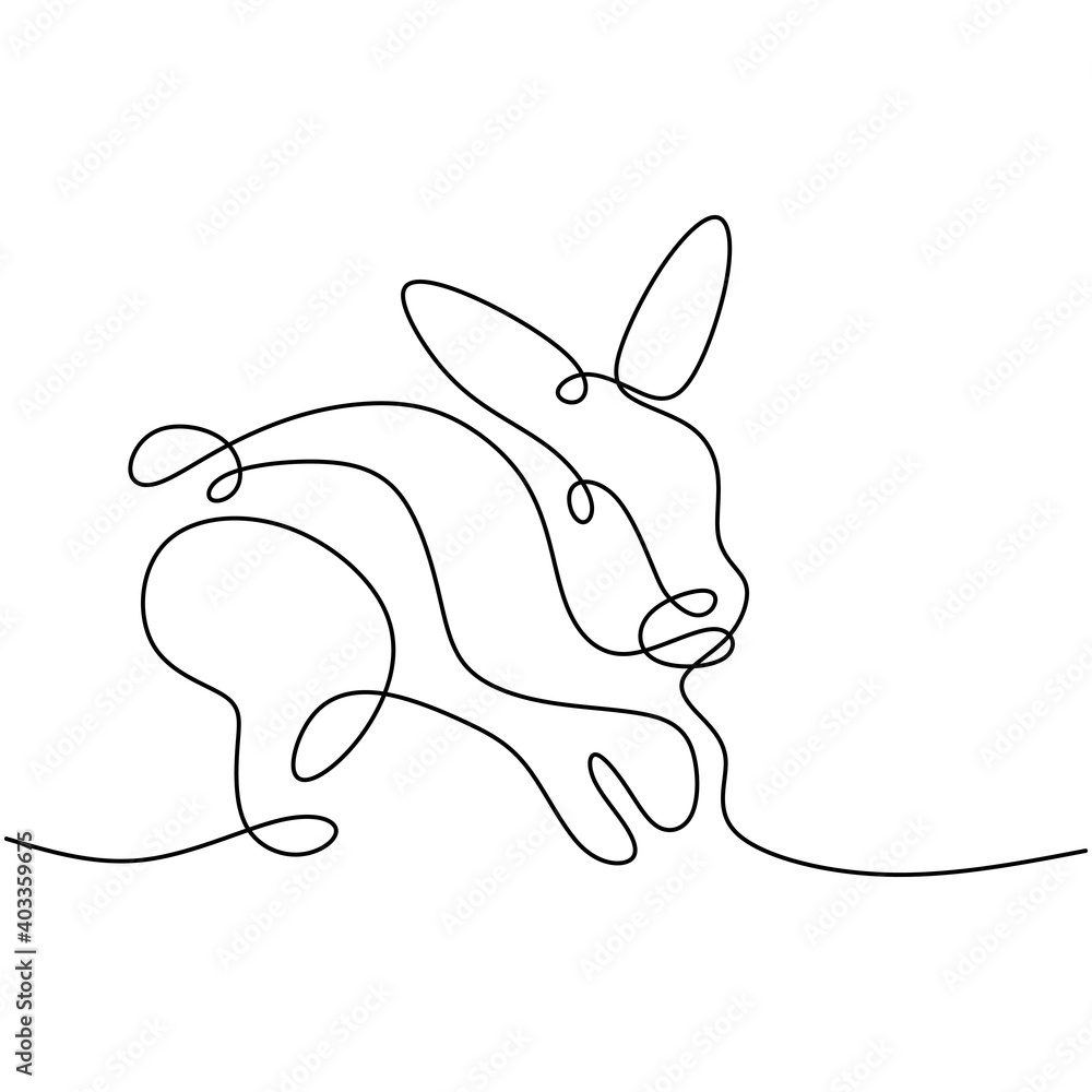Hare continuous one line drawing. Easter bunny rabbit jumping in the garden isolated on white background. Cute pet animals concept. Vector minimalistic hand drawn illustration - obrazy, fototapety, plakaty 