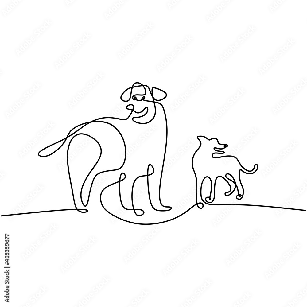 Continuous one line drawing of two dog minimalism style. Purebred hound dog mascot concept for pedigree friendly pet icon. The concept of wildlife, pets, veterinary. Vector illustration - obrazy, fototapety, plakaty 
