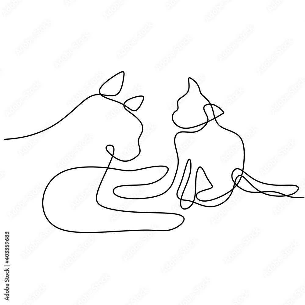 Continuous one line drawing of two dog minimalism style. Purebred hound dog mascot concept for pedigree friendly pet icon. The concept of wildlife, pets, veterinary. Vector illustration - obrazy, fototapety, plakaty 
