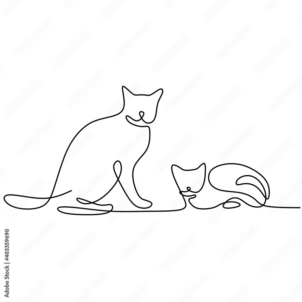 Continuous one line drawing of two cats in minimalism style. Cute cat animals mascot concept for pedigree friendly pet icon. The concept of friendly, pets, veterinary. Vector illustration - obrazy, fototapety, plakaty 