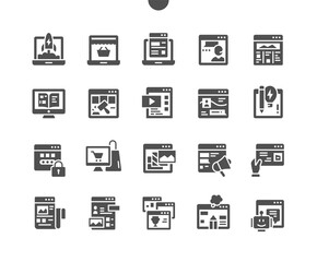 Website types. Landing page. Web service. Personal project. Online catalog. Web design and coding. Vector Solid Icons. Simple Pictogram