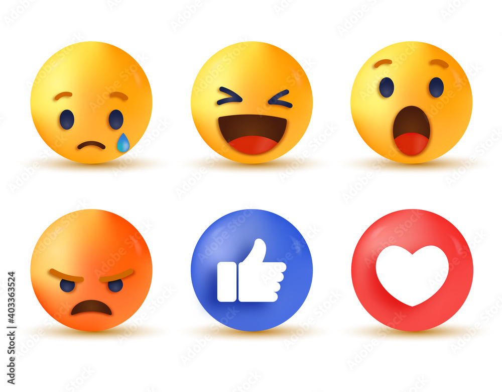 Fototapete 3d Social Media Reaction Collection Of Emoji Reactions Sad Cry Emoji Funny Haha Emoticon Surprise Wow Emoji Grumpy Angry Emoticon Like Thumb Up Icon Love Heart Icon Icons Gate