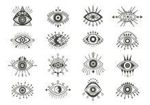 Mystical Eyes Symbols Set. Esoteric Signs With Sacred Vision Circle And Arrows Occult Look Amulets With Geometric Figures Of Religious Secrets Of Astral Worlds And Universes. Vector Vision.