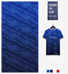 Fabric pattern design. Abstract pattern on blue gradient background for soccer jersey, football kit or sports uniform. T-shirt mockup template. Abstract sport background.