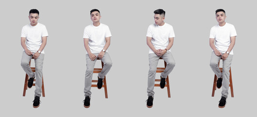 Collection of indonesian men in white t-shirts are sitting in a chairs isolated on grey background