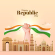 Happy Republic Day Concept With Hand Holding Tricolor Ribbon And India Famous Monuments On Peach Background.