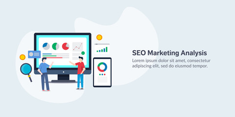 Wall Mural - seo, digital marketing and online advertising campaign report, data analysis by company people, mark