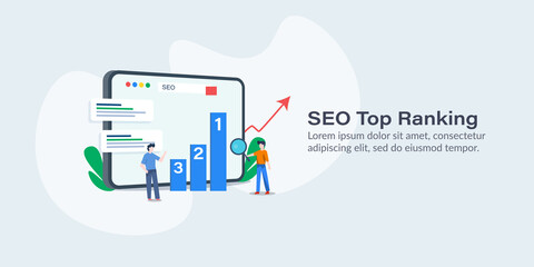 Wall Mural - team of seo experts analysing top ranking data. search engine optimization and web traffic concept. 