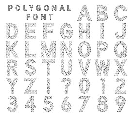 Poster - Polygonal font made from lines and dots. Low poly alphabet letters and numbers