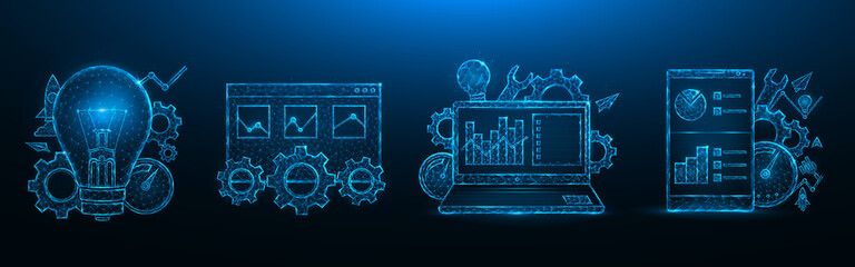 SEO optimization low poly design. Search engine optimization. Smartphone, laptop, browser window, light bulb, gears, speedometer, statistics data polygonal vector illustration