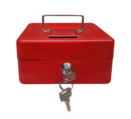 There is a red metal portable safe with a handle. White background. Isolated.