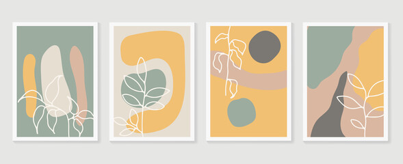 Botanical wall art vector set. Earth tone boho foliage line art drawing with  abstract shape.  Abstract Plant Art design for wall framed prints, canvas prints, poster, home decor, cover, wallpaper.