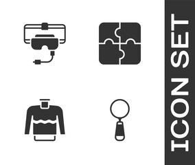 Poster - Set Magnifying glass, Virtual reality glasses, Sweater and Piece of puzzle icon. Vector.