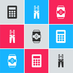 Canvas Print - Set Calculator, Pants with suspenders and Energy drink icon. Vector.