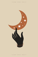 Poster - Hand holds shimmering crescent moon. Trendy magic symbol on a light background. Astrological sign in a minimalist style. Abstract esoteric symbol for spiritual practices, ethnic magic, and rituals.