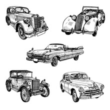 Set Of The Hand Drawn Vintage Retro Old Timer Cars Doodle Sketch Graphics Monochrome Vector Tracing Illustration On White Background