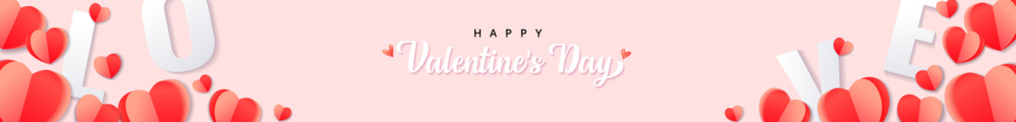 Valentines day banner background holiday design with red origami paper hearts and text lettering love. Horizontal rose colors romantic header for website template, flat lay top view. Festive vector