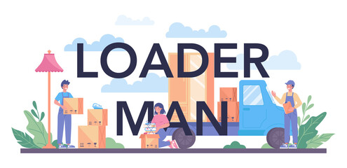 Wall Mural - Loader man typographic header. Worker in uniform carrying boxes set.