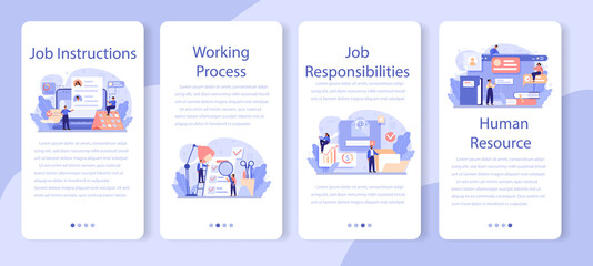 Job instruction mobile application banner set. Personnel management and empolyee