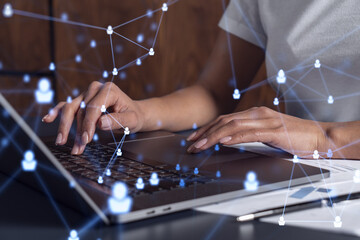 Wall Mural - hands of woman hr specialist is typing the keyboard in the internet to find the best candidates to c
