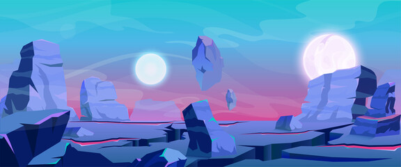 Alien planet landscape, fantasy purple rocks land relief, satellites planets in sky