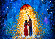 Romantic Painting Illustration. Fantasy Art Modern Painting Couple In Love Walks Under Glowing Umbrella In Winter Starry Night. Contemporary Art For Book Of Fairy Tales