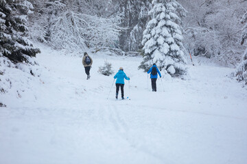 two skiers climb the hill without a lift. skiing during a pandemic