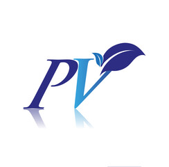 Initial Letter PV With Leaf Logo, colored blue nature and environment logo. vector logo for business and company identity.