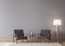 Living Room Design With Empty Wall Mockup, Two Wooden Chairs On White Wall, Copy Space