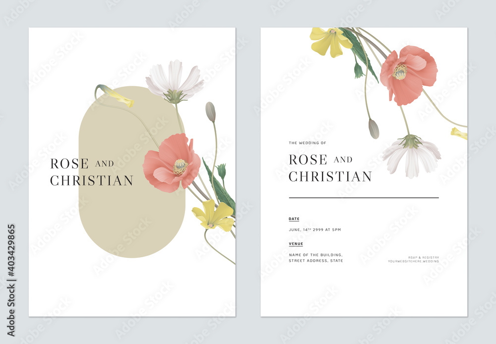 Floral wedding invitation card template design, various flowers bouquet on white - obrazy, fototapety, plakaty 
