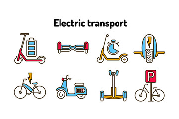 Wall Mural - Electric transport color line icons set. Ecological vehicle: bicycle, monowheel, gyrobord, gyroscooter, scooter. Pictograms for web, mobile app, promo. UI UX design element. Editable stroke.