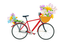 Bicycle With A Flower Wicker Basket Isolated On White Background. Romantic Red Bicycle Carrying A Bouquet Of Spring Wildflowers. Flower Shops And Delivery Flowers Service. Stock Vector Illustration