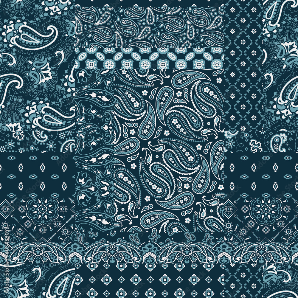 Blue bandana paisley fabric patchwork abstract vector seamless pattern ...